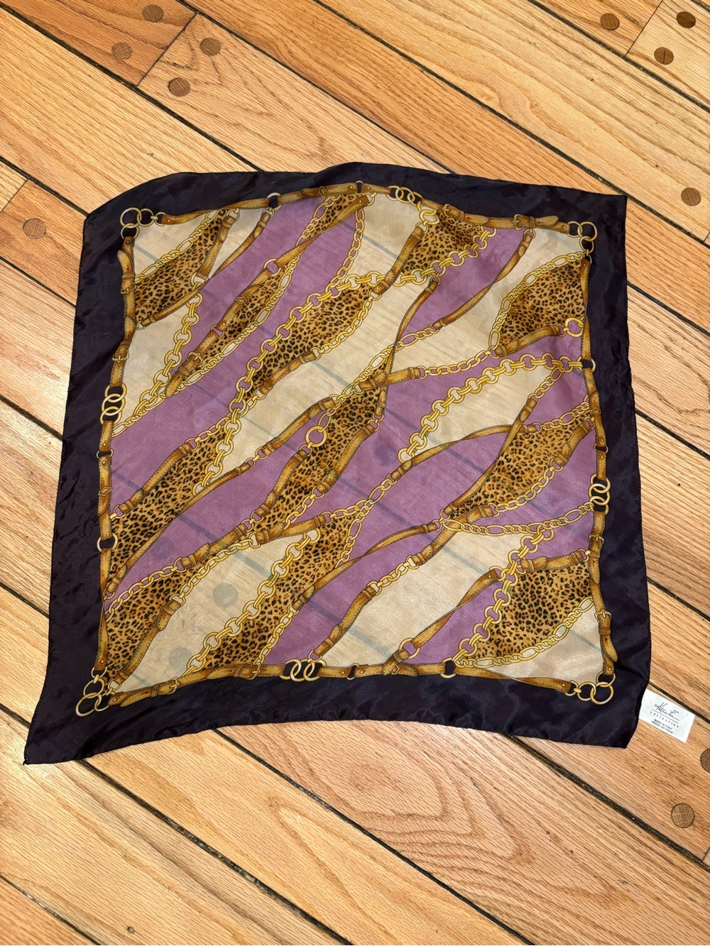 Kathie Lee Vintage Silky Leopard & Chain Print Square Scarf in Purple Gold 20in